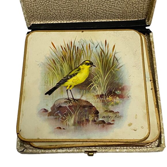 Vintage WIN-EL-WARE 6 Coasters 6" x 6" with Box - Artist Vestey Rich BIRDS - Picture 5 of 14